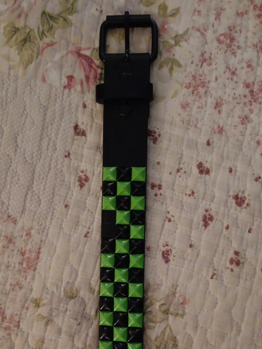 Black Leather Studded Belt with Green Pyramid Studs - Hot Topic